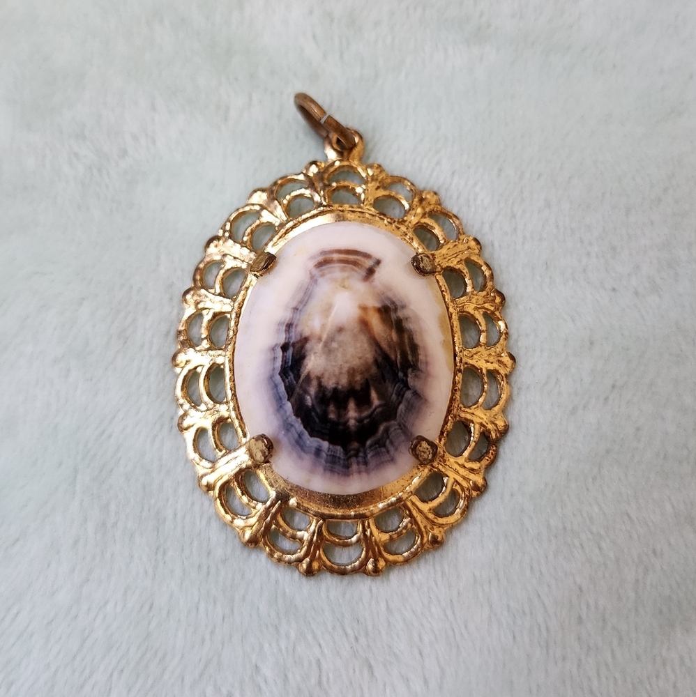 Vintage Genuine Shell Filigree Necklace Pendant Gold Tone Delicate Antique Charm